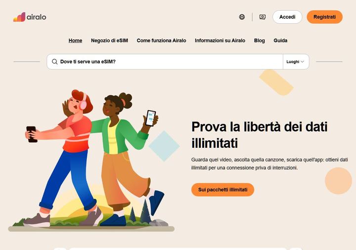 Screenshot della home page di Airalo che mostra le sue offerte attive, ottenuto il 19/10/2026