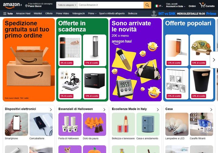 Screenshot della home page di Amazon che mostra le sue offerte attive, ottenuto il 19/10/2026