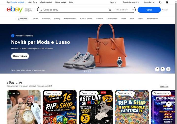 Screenshot della home page di eBay Italia che mostra le sue offerte attive, ottenuto il 19/10/2026