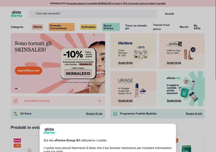 Screenshot della home page di eFarma che mostra le sue offerte attive, ottenuto il 19/10/2026