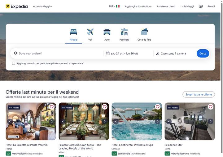 Screenshot della home page di Expedia che mostra le sue offerte attive, ottenuto il 19/10/2026