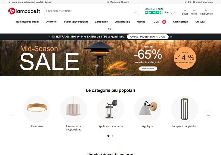 Screenshot della home page di Lampade.it che mostra le sue offerte attive, ottenuto il 19/10/2026