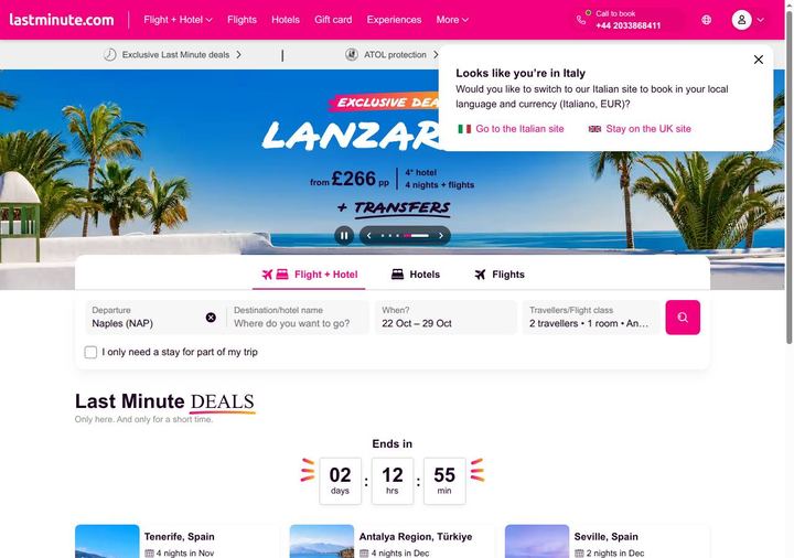Screenshot della home page di lastminute.com che mostra le sue offerte attive, ottenuto il 19/10/2026
