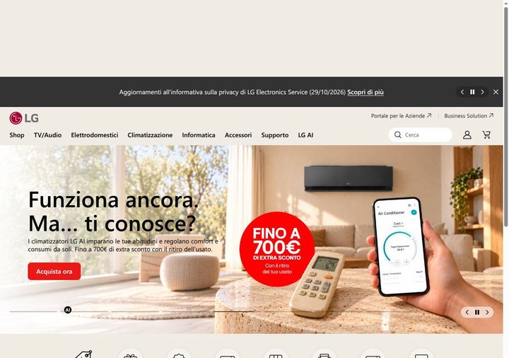 Screenshot della home page di LG che mostra le sue offerte attive, ottenuto il 19/10/2026