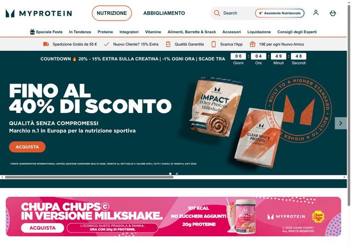 Screenshot della home page di Myprotein che mostra le sue offerte attive, ottenuto il 19/10/2026