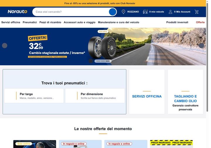 Screenshot della home page di Norauto che mostra le sue offerte attive, ottenuto il 19/10/2026