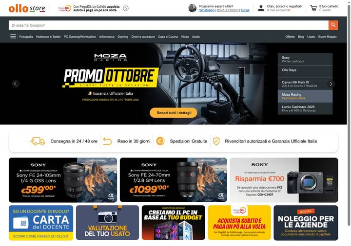 Screenshot della home page di Ollo Store che mostra le sue offerte attive, ottenuto il 19/10/2026