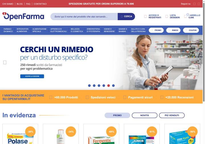Screenshot della home page di Openfarma che mostra le sue offerte attive, ottenuto il 19/10/2026