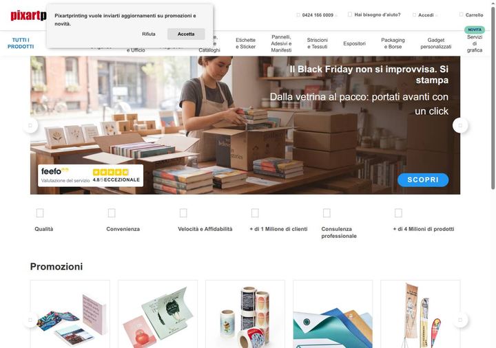 Screenshot della home page di Pixartprinting che mostra le sue offerte attive, ottenuto il 19/10/2026