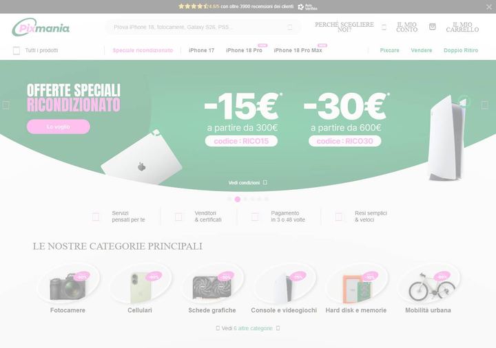 Screenshot della home page di Pixmania che mostra le sue offerte attive, ottenuto il 19/10/2026