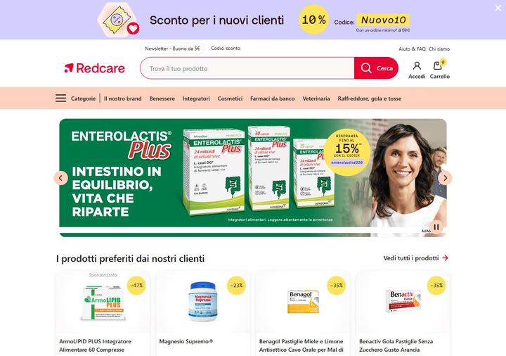 Screenshot della home page di Redcare che mostra le sue offerte attive, ottenuto il 19/10/2026