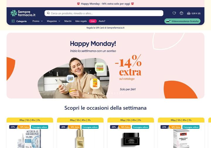 Screenshot della home page di Semprefarmacia che mostra le sue offerte attive, ottenuto il 19/10/2026