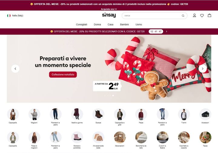 Screenshot della home page di Sinsay che mostra le sue offerte attive, ottenuto il 19/10/2026