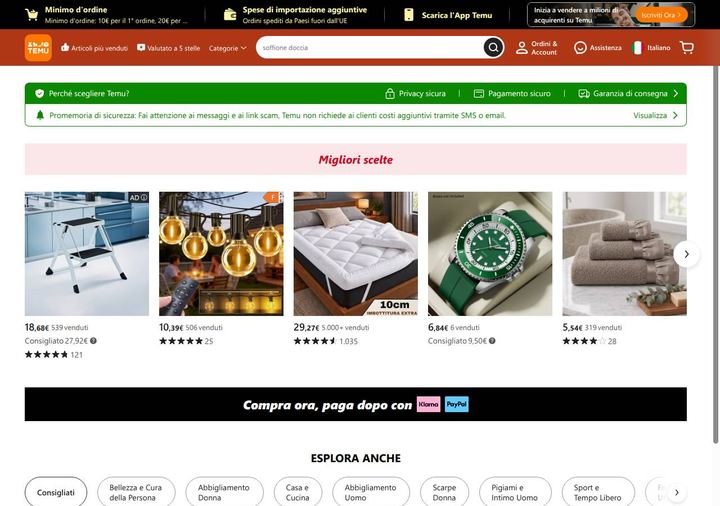 Screenshot della home page di Temu che mostra le sue offerte attive, ottenuto il 19/10/2026