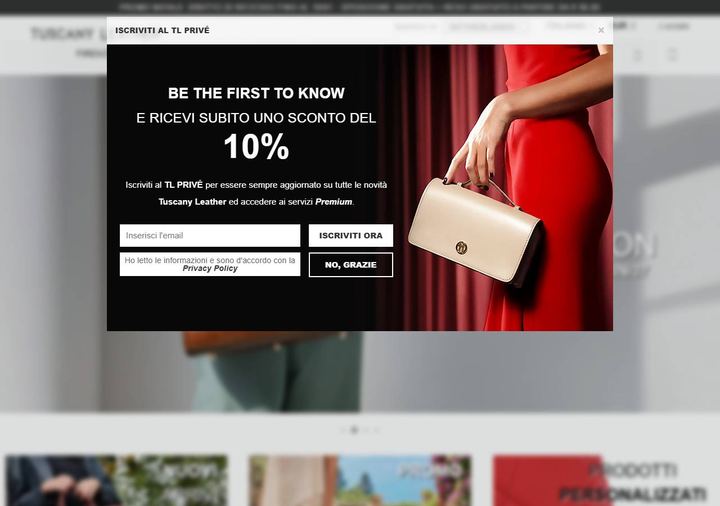 Screenshot della home page di Tuscany Leather che mostra le sue offerte attive, ottenuto il 19/10/2026