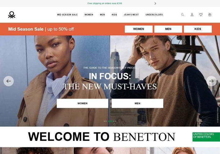 Screenshot della home page di United Colors of Benetton che mostra le sue offerte attive, ottenuto il 19/10/2026