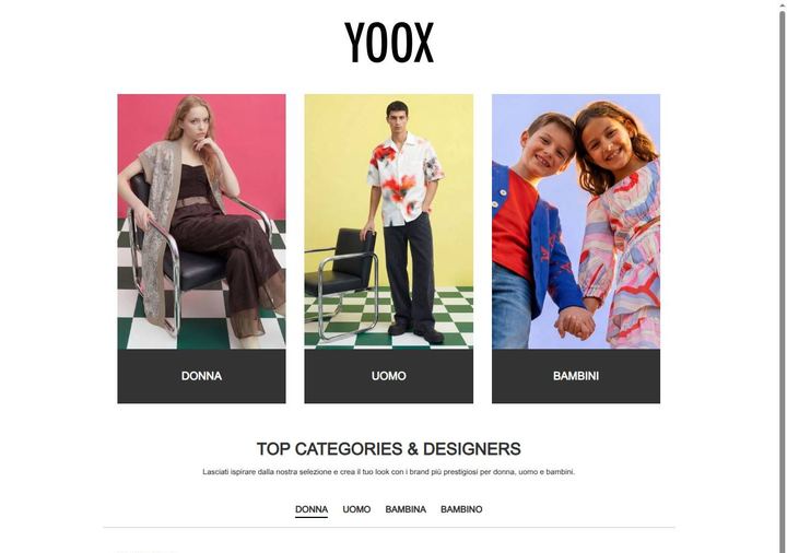 Screenshot della home page di YOOX che mostra le sue offerte attive, ottenuto il 19/10/2026