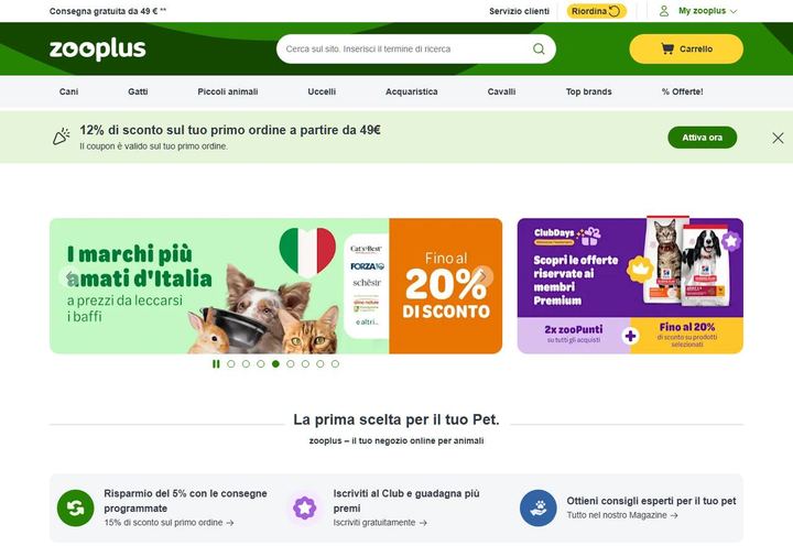 Screenshot della home page di Zooplus che mostra le sue offerte attive, ottenuto il 19/10/2026