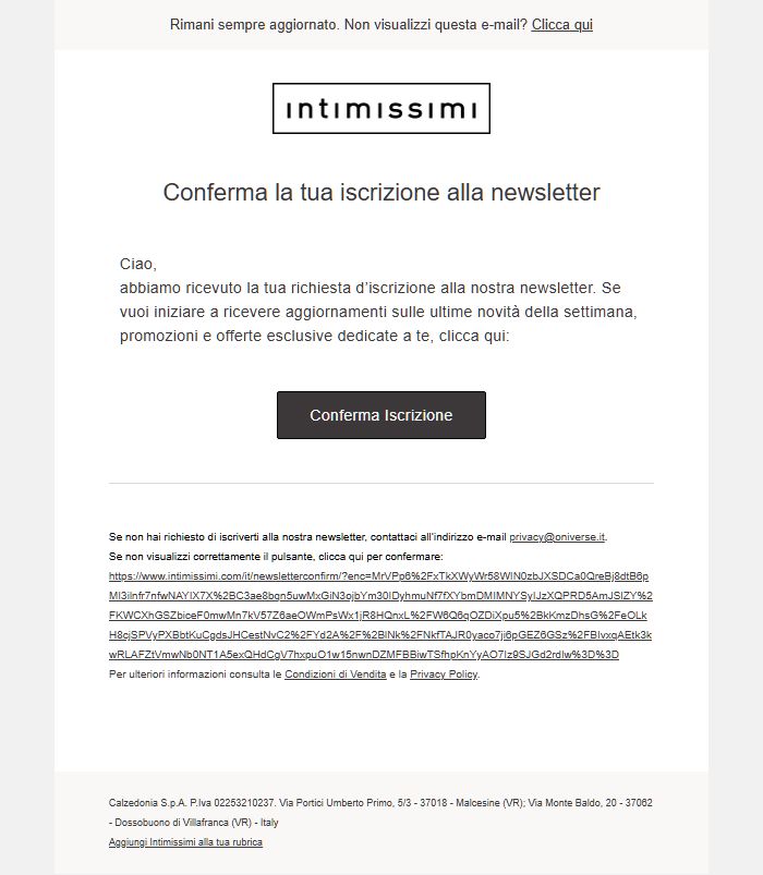 Screenshot della newsletter di Intimissimi che mostra le sue ultime offerte, ricevuto il 09/10/2026