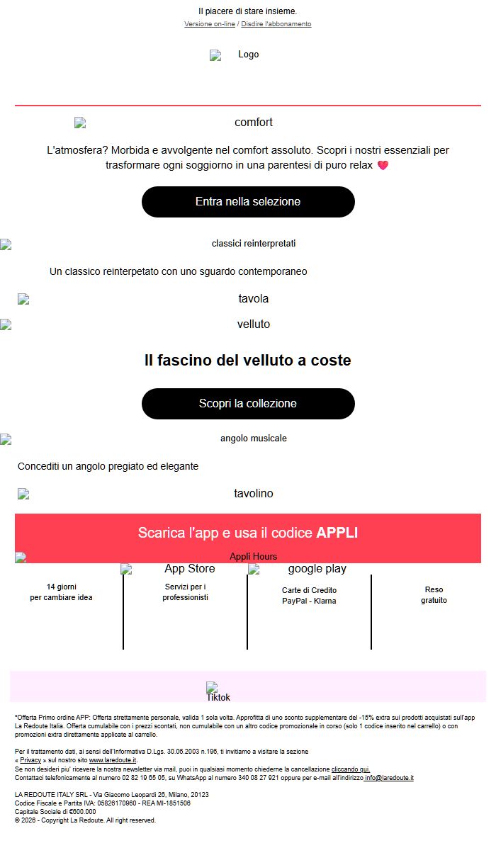 Screenshot della newsletter di La Redoute che mostra le sue ultime offerte, ricevuto il 17/10/2026