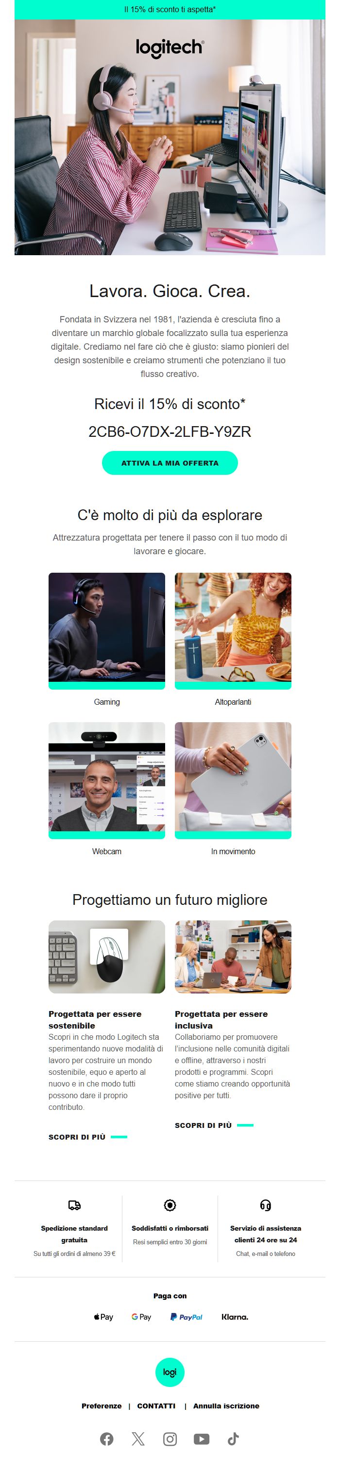 Screenshot della newsletter di Logitech che mostra le sue ultime offerte, ricevuto il 10/10/2026