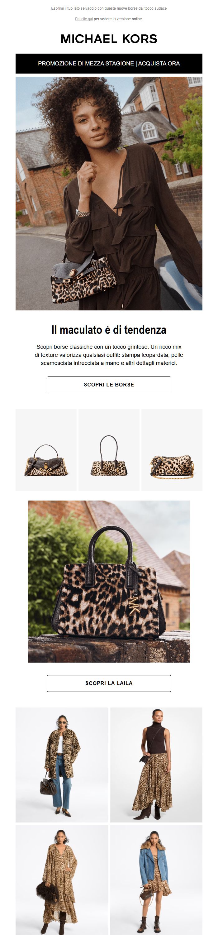 Screenshot della newsletter di Michael Kors che mostra le sue ultime offerte, ricevuto il 18/10/2026