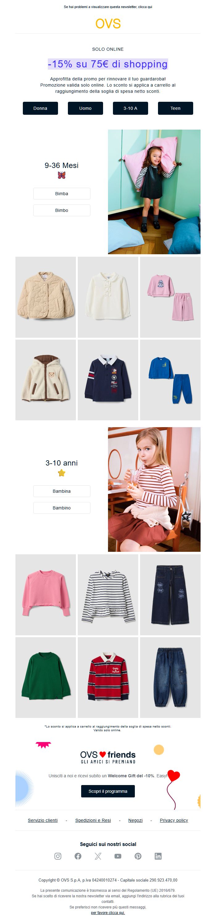 Screenshot della newsletter di OVS che mostra le sue ultime offerte, ricevuto il 15/10/2026