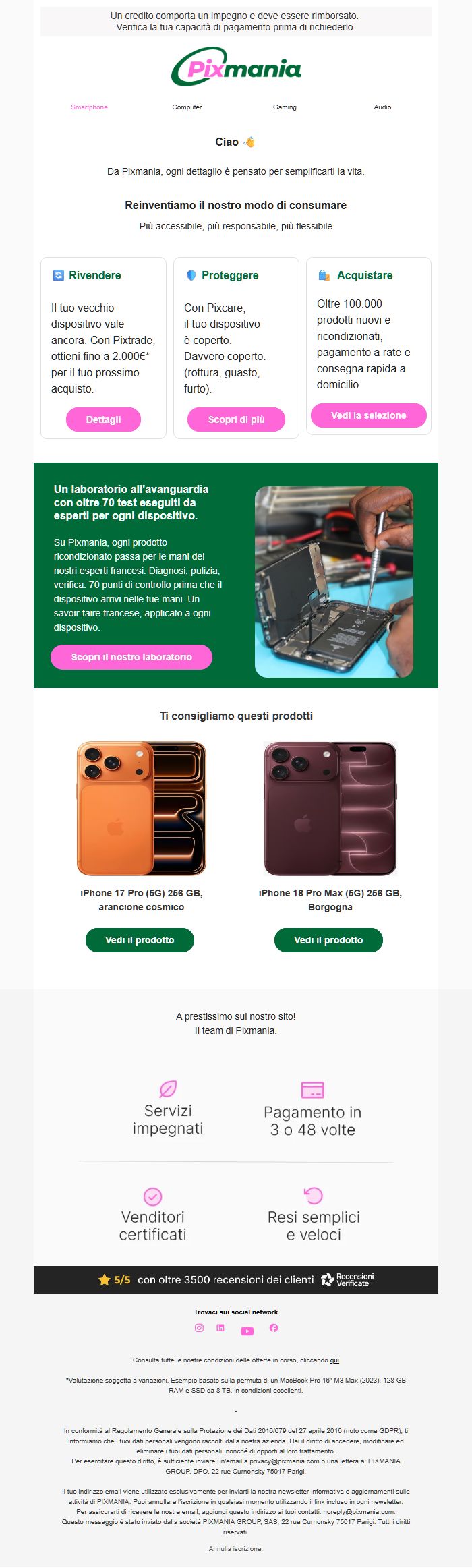 Screenshot della newsletter di Pixmania che mostra le sue ultime offerte, ricevuto il 17/10/2026