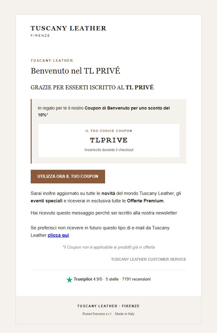 Screenshot della newsletter di Tuscany Leather che mostra le sue ultime offerte, ricevuto il 09/10/2026