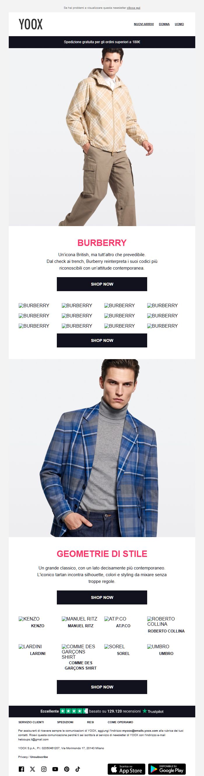Screenshot della newsletter di YOOX che mostra le sue ultime offerte, ricevuto il 18/10/2026